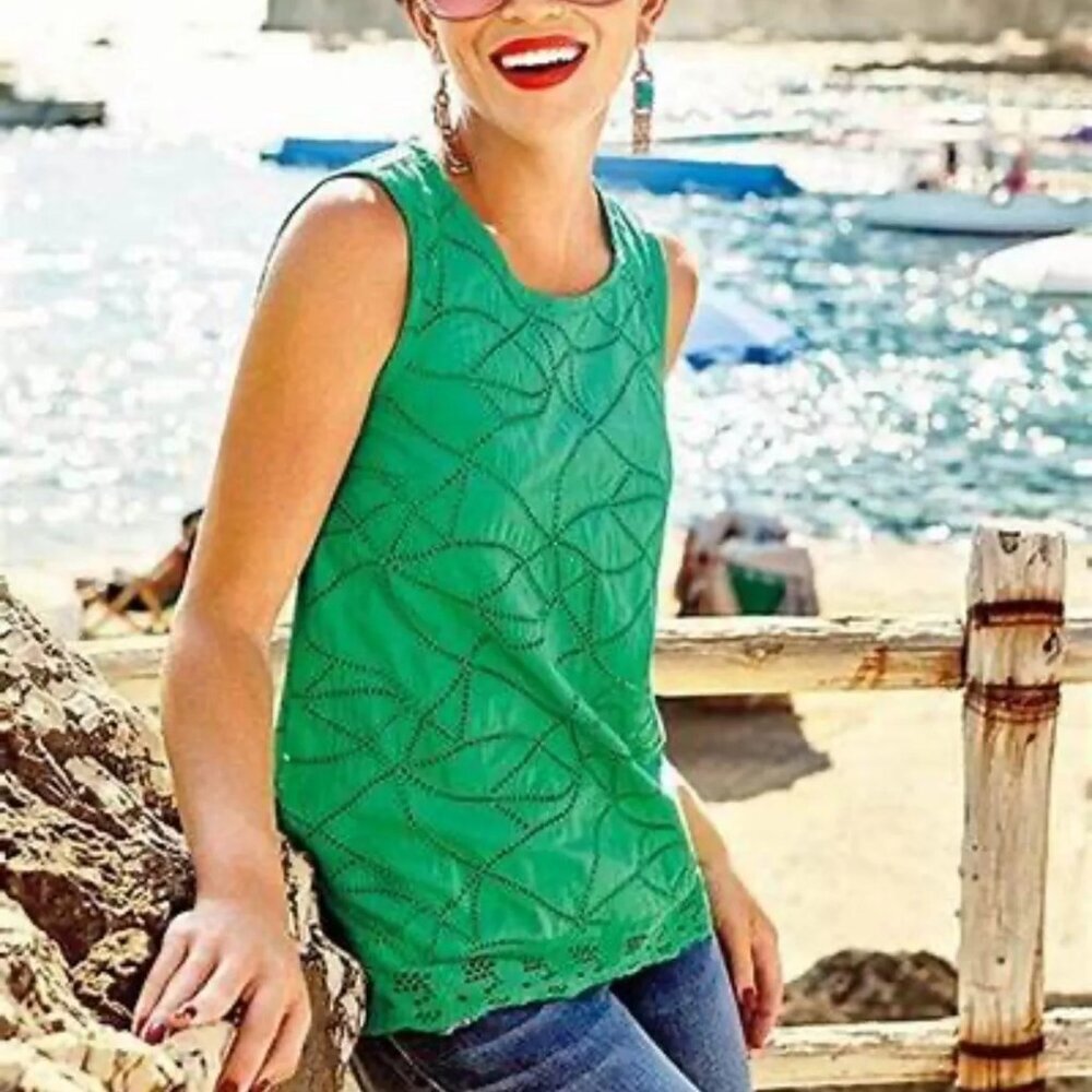 Cabi Kelly Green Gemma Cotton Eyelet Tank Top Blouse